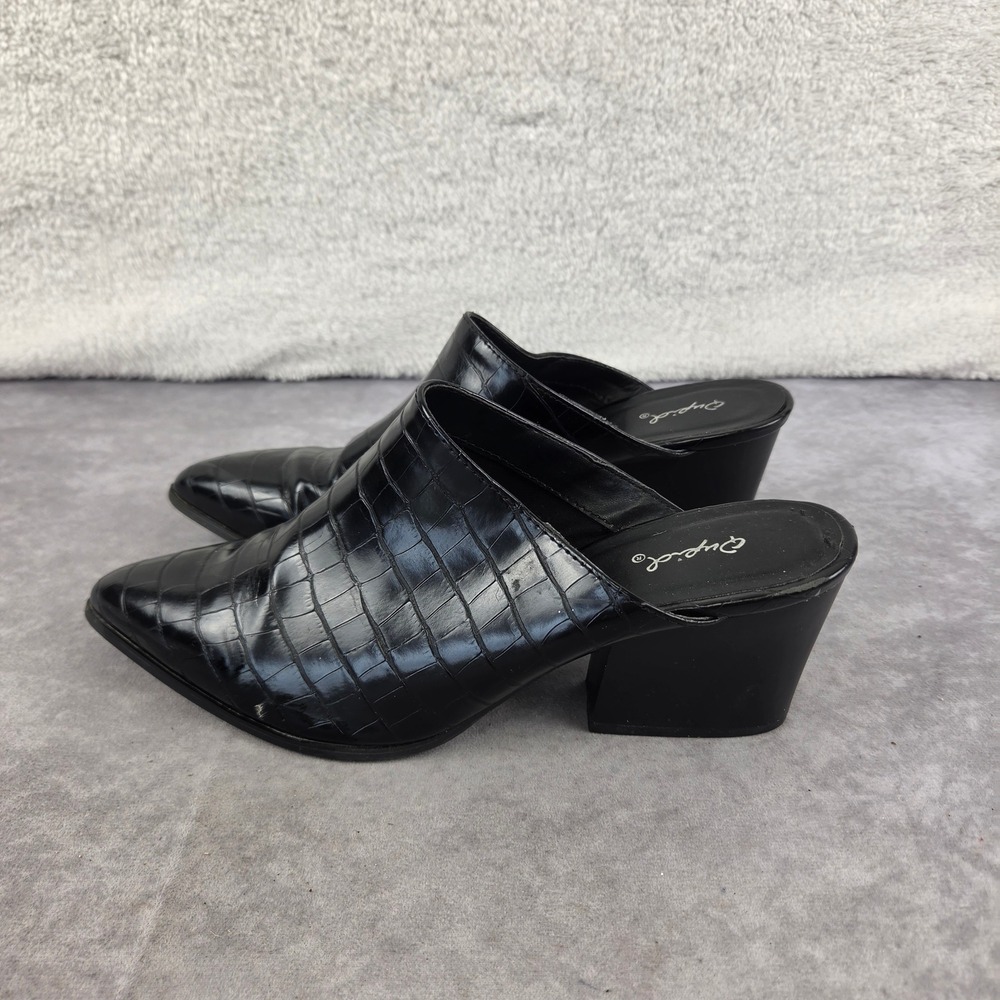 Qupid Black Croc Embossed Pointed Toe Block Heel Mules S2565